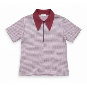 Vtg Geometric Pattern Zip Neck Polo Shirt Maroon Short Sleeve Poly Knit Sz S